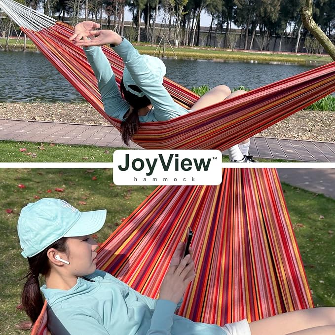JoyView Brazilian Double Hammock with Hanging Ropes Extra Large 86.6x59” Portable Cotton Hammock for Patio Backyard Porch 450LBS Weight Capacity Perfect for Outdoor/Indoor - Natural White - Image 5