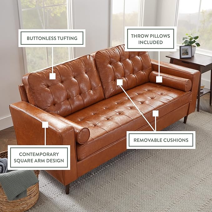Edenbrook Lynnwood Upholstered Sofa - Couch for Living Room Office or Bedroom - Mid-Century Modern Design Furniture - Buttonless Tufting - Simple Assembly - 2 Bolster Pillows - Camel Faux Leather