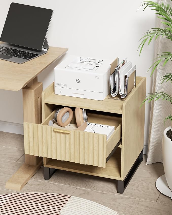 Fluted Night Stand Set 2 with Charging Station, Wood Nightstand with Large Drawer and Open Storage Cabinet, Mid-Century Modern Bedside Table End Table for Bedroom Closet Office - Image 5
