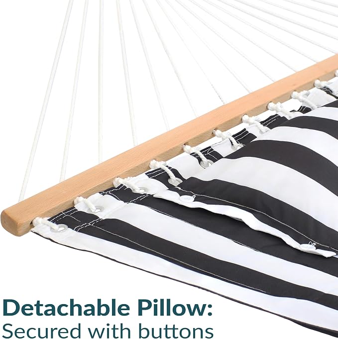 Sunnydaze Quilted Double Hammock for Outside with Spreader Bars and Pillow - 450 lb Capacity, 74x55 Inch Bed, UV Resistant, Quick Dry - Chains Included, Stand Sold Separately - Black & White - Image 7