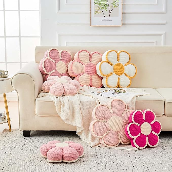 Kcvvcr Flower Pillow, Soft Flower Decorative Throw Pillow, Cute Daisy Flower Shaped Seating Floor Cushion Room Décor Plush Pillows for Sofa Couch Bed (17.7 Inch, Pink)