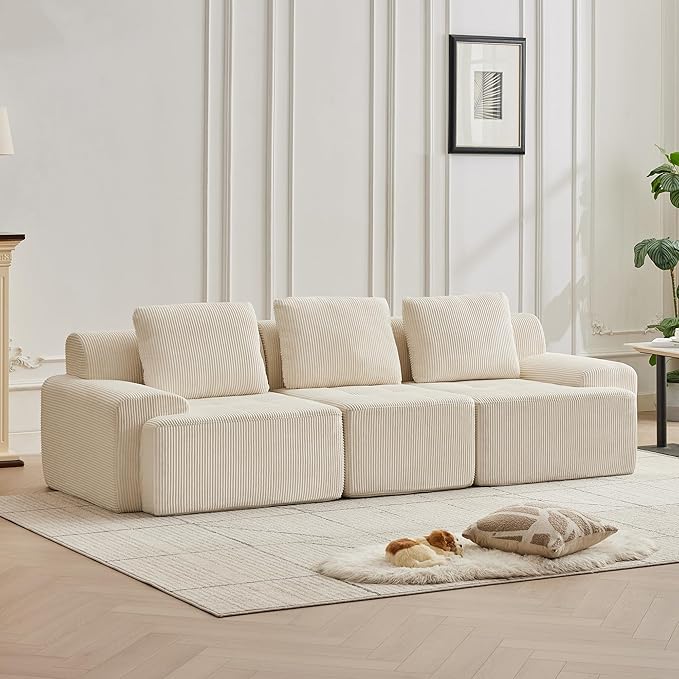 Modular Sectional Sofa with Movable Ottoman, 3 Seat Deep Seat Couch with 3 Pillows, Comfy Cloud Sectional Sofa for Living Room, Bedroom and Apartment (White, 1 Left+1 Right+1 Middle)