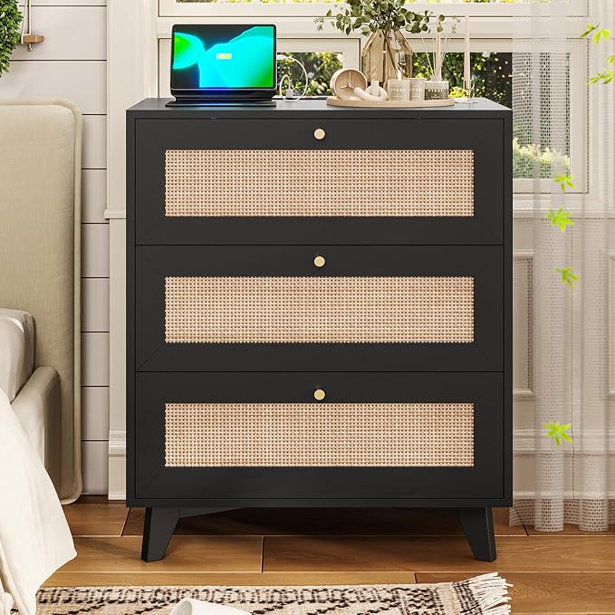 AOGLLATI Rattan Nightstand with Charging Station, Night Stand with 3 Drawers and 2 USB Ports and 2 AC Outlets, Rattan Black Bedside Table with Metal Handle, Wood Boho End Table for Bedroom by AOGLLATI