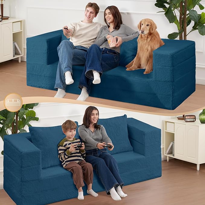 Futon Sofa Bed with Pillow, 3-in-1 Sleeper Sofa Bed with Removable Cover, Convertible Floor Sofa Bed, No Assembly Boneless Couch for Living Room, Bedroom