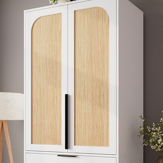 GarveeHome Armoire Wardrobe Closet, 69.5 in Wooden Wardrobe Cabinet with 3 Drawers, Hanging Rod, 2 Doors Clothing Storage Cabinet for Bedroom, Large Capacity Storage, Rattan Door, White