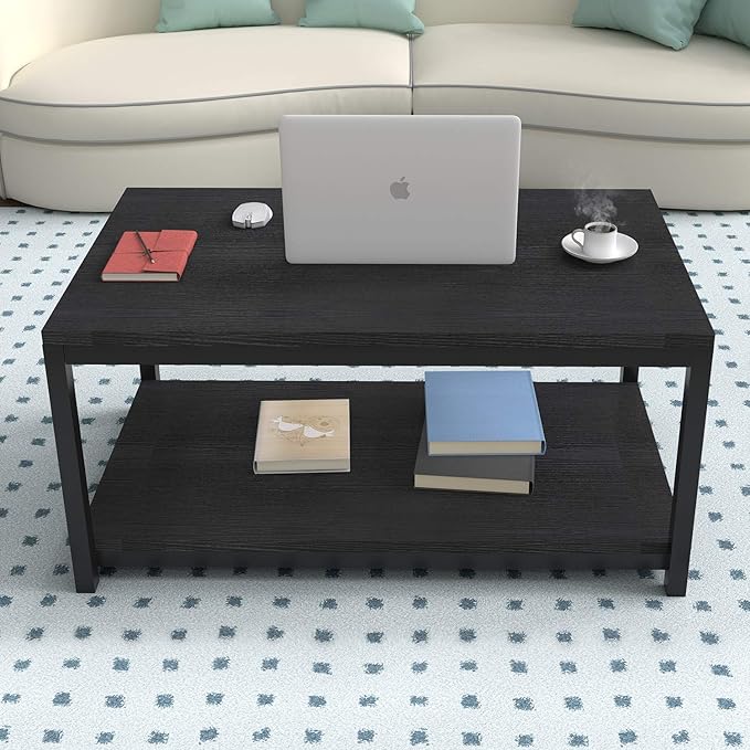YSSOA 31x20x16 inch Home Table with Storage Shelf for Living Room and Office, Easy Assembly, Black, 2-Tier