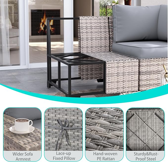 16-Piece Outdoor Patio Furniture Set with Rocking Swivel Chair, PE Wicker Rattan Sectional Sofa Patio Conversation Set with 55,000 BTU Fire Pit Table & Coffee Table, Grey