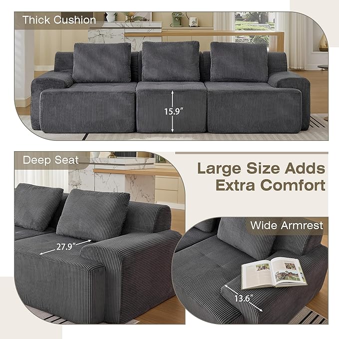 Modular Sectional Sofa, Boneless Couches for Living Room, Corduroy Couch, Big Comfy Couch, Modular Cloud Sofa with Deep Seat (Grey, 7 Pieces-Rowshape 3 Side)
