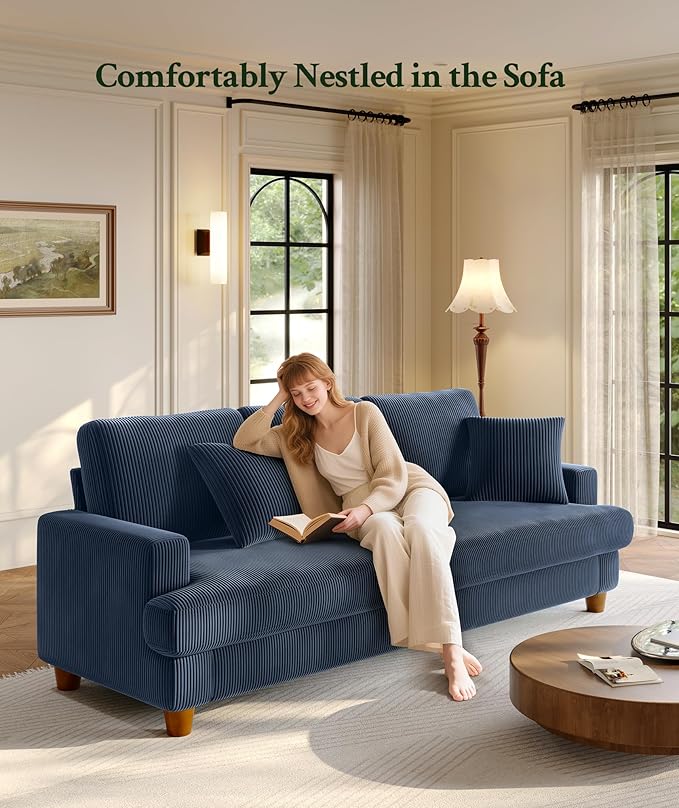 87.2" Couches for Living Room, Comfy Blue Couch 7.5" Extra Thick Cushion, Sofas for Living Room Tool-Free Setup, Loveseat Sofa 848lbs Support, Corduroy Couch for Bedroom, Apartment, Office