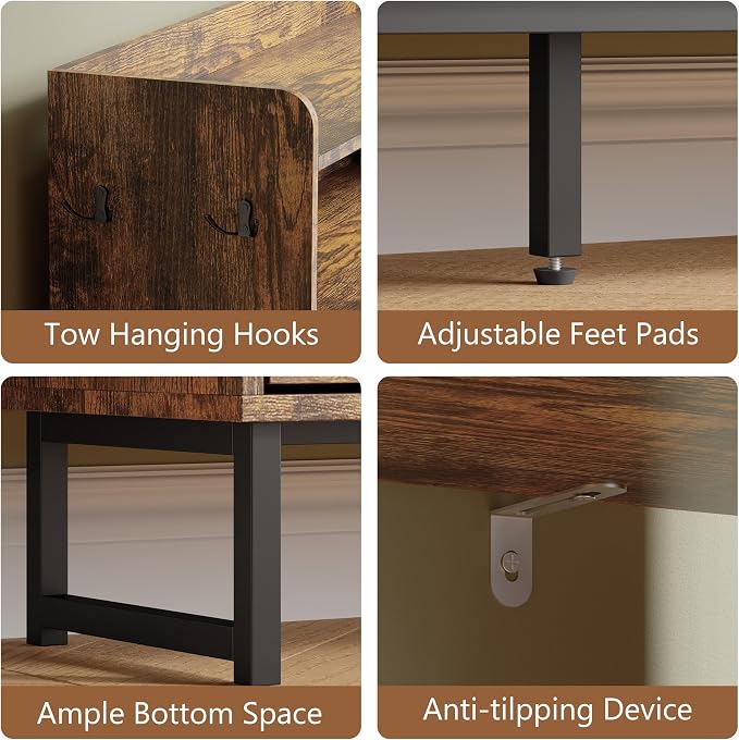 Shoe Cabinet with 4 Flip Drawers, Freestanding Hidden Shoe Storage Organizer for Entryway, Narrow Slim Shoe Rack Cabinet with Open Storage & Hooks for Front Door Entrance, Living Room, Hallway, Brown - Image 6