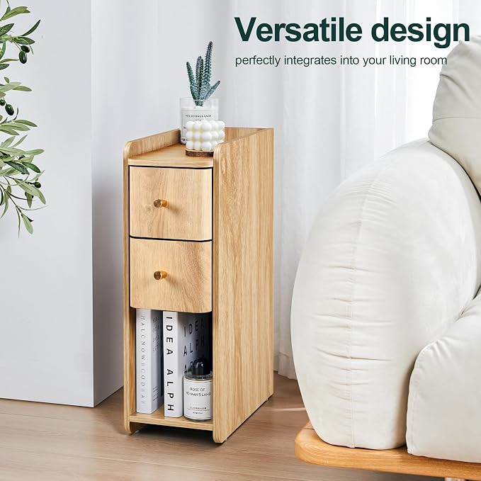 Small Nightstand Set of 2, Wood 2 Drawer Narrow Nightstand, Slim Side Table, Modern Skinny End Bedside Table, Natural Wood Night Stand with Drawers for Bedroom (Natural-2 pcs) - Image 5