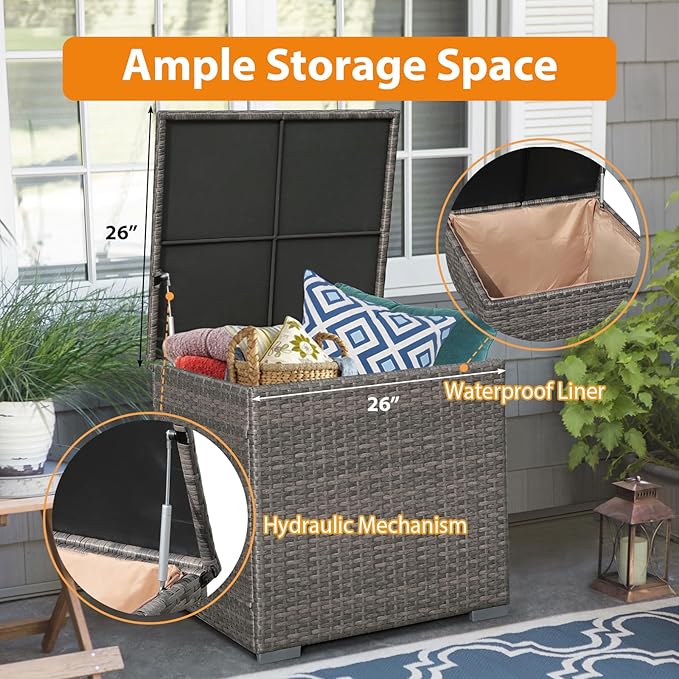 Super Patio 8 Pieces Outdoor Patio Furniture Set with 45” Fire Pit Table, Rattan Patio Conversation Sets with 50000 BTU Gas Fire Pit, Wicker Sectional Sofa Set with Storage Box, Gray (Without Table)