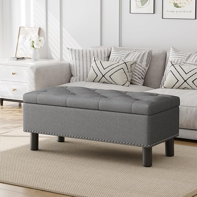Furniliving Ottoman Bench with Storage, Folding Storage Ottoman Bench with Wood Legs, Upholstered Bedroom Bench with Button-Tufted, Entryway Bench Storage Bench for Bedroom, Linen (Darkgrey) - Image 3