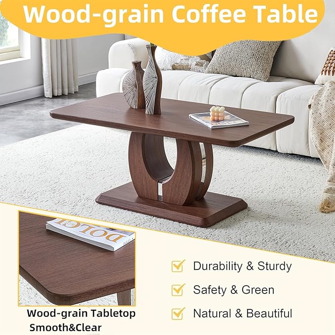 LKTART Coffee Table for Living Room, Modern Coffee Table with Storage, Rectangle Tabletop Stable Base for Dining Room Apartment Small Space (43.3''L×22.4''W-Walnut)