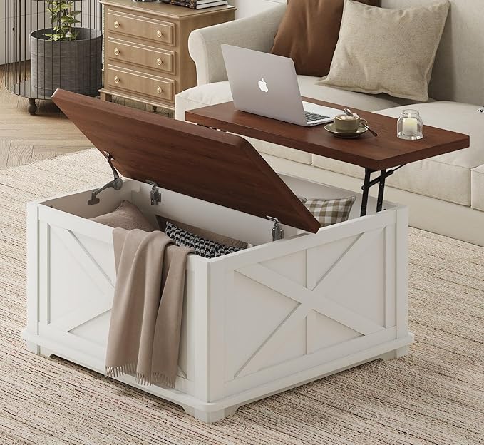 Square Coffee Table with Storage, Farmhouse Coffee Table with Lift Top, Wooden Coffee Tables with Brown Flip-Top Lids, Modern Center Table for Living Room Home Office, 31.5", White