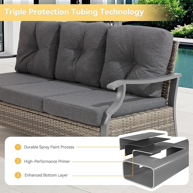 Outdoor Patio Furniture Set, 7 Pieces Outdoor Conversation Sets with Coffee Table, Side Table & Ottoman, Wicker Rattan Outdoor Sectional Sofa Set for Backyard, Deck, Porch, Poolside, Gray