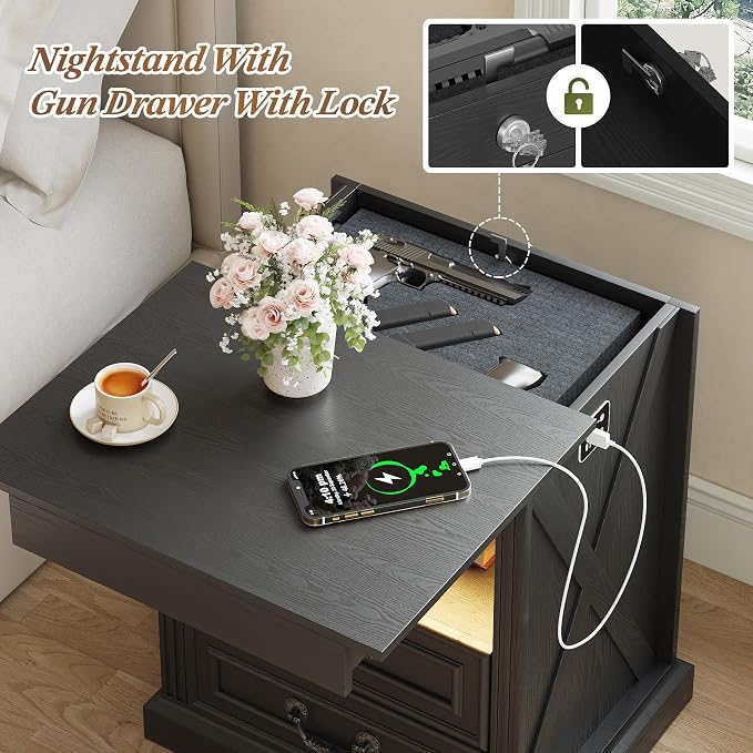 Dystler Night Stand Set 2 with Gun Drawer, Bedside Tables with LED Light & Human Sensor, Nightstands Gun Safe with 2 Drawers for Bedroom, Farmhouse End Table with Charger Station, Black - Image 4