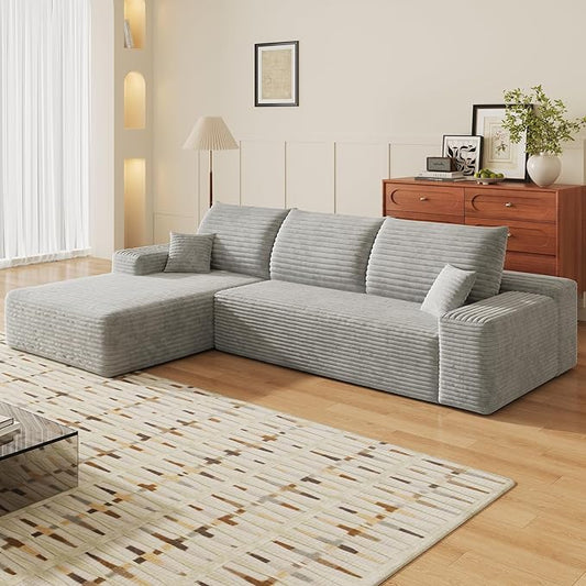 107" Boneless Couch with L Shaped Chaise, Plush Corduroy Sleeper Sectional Sofa, Deep Seat Comfy Couches for Living Room Bedroom, Compressed Foam Cloud Sofas, No Assembly, Left Facing Chaise, Grey