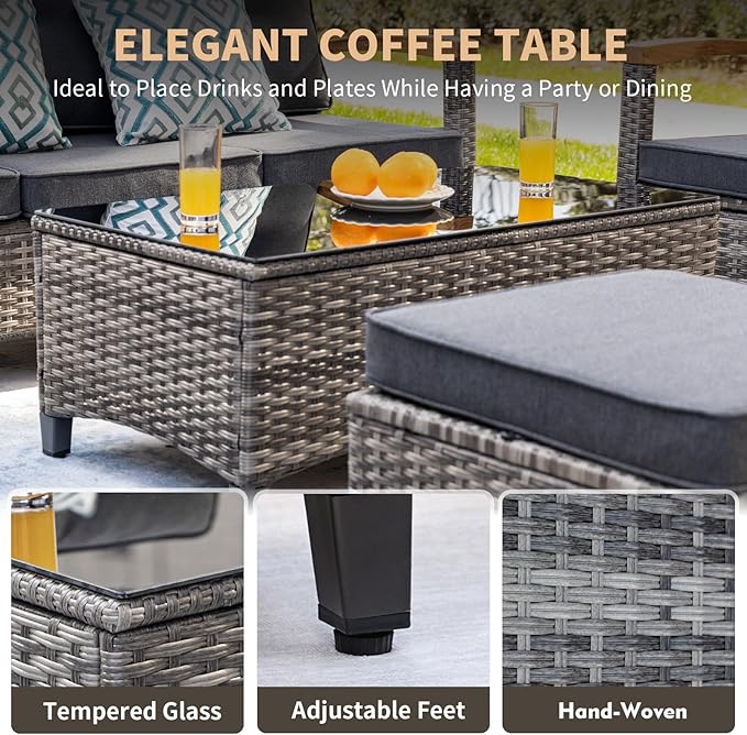 MEISSALIVVE 8 Pieces Patio Furniture Sets,Wicker Patio Conversation Sets with 2 Wood Armrests Swivel Glide Chairs, Outdoor Couch, Loveseat for Deck Yard and Poolside (Grey)