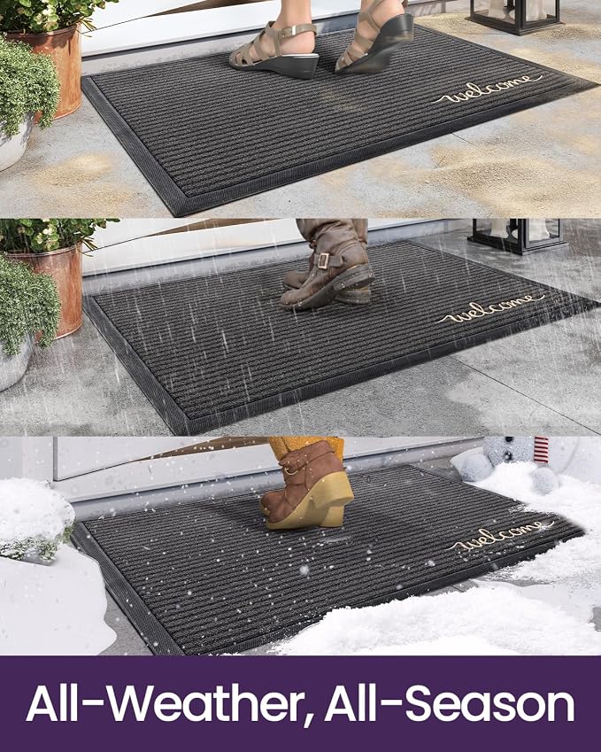 DEXI Front Door Mat Outside Entrance, 3x5 ft Rubber Entry Doormat Heavy Duty, Non Slip Welcome Mats for Inside House Floor Entryway Exterior Patio, Welcome Grey - Image 4