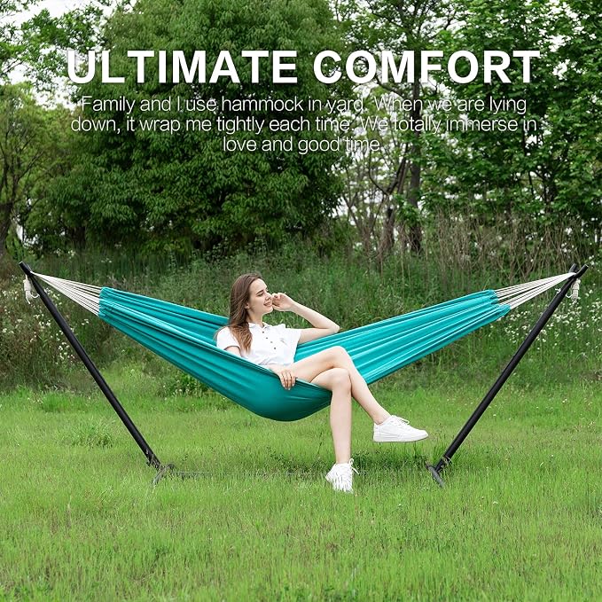 PNAEUT Double Hammocks with Stand for Outside, Portable Space Saving Heavy-Duty Steel Stand for Indoor Outdoor Patio with Carrying Bag, 450 lbs Capacity (Aqua) - Image 8
