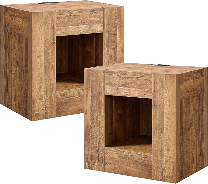 OKD 24" Modern Nightstands Set of 2, Large Wooden Night Stand with Charging Station & Drawer, Side Table Bedroom with Storage Shelf, Rustic End Table, Wood Thick Design, Gold Rustic Brown by OKD