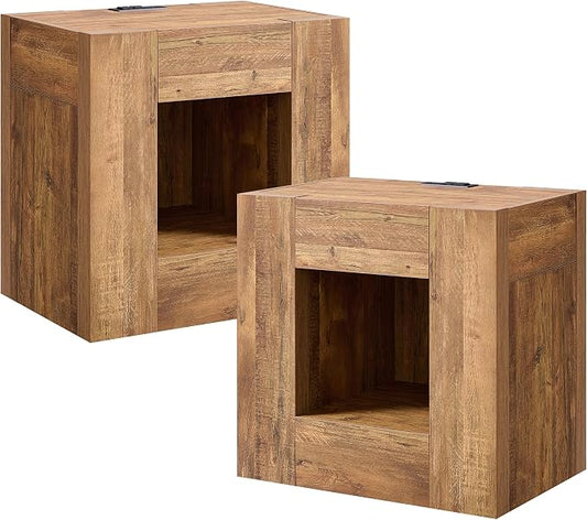 OKD 24" Modern Nightstands Set of 2, Large Wooden Night Stand with Charging Station & Drawer, Side Table Bedroom with Storage Shelf, Rustic End Table, Wood Thick Design, Gold Rustic Brown by OKD