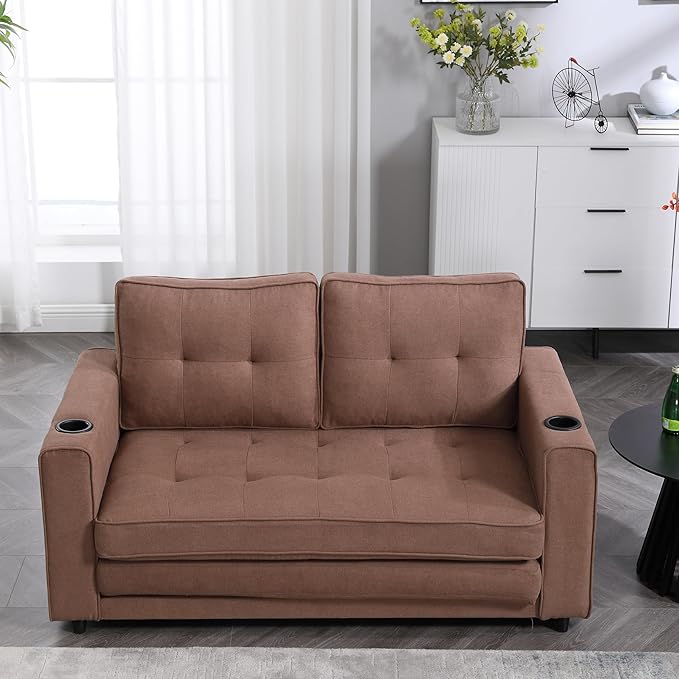 ERYE Foldable Loveseat Sofa Convertible Pull Out Sleeper Sofabed,2 Seat Tufted Upholstered Sofa Modern Convertible Sleeper Couch Bed with Cupholders and Side Pockets