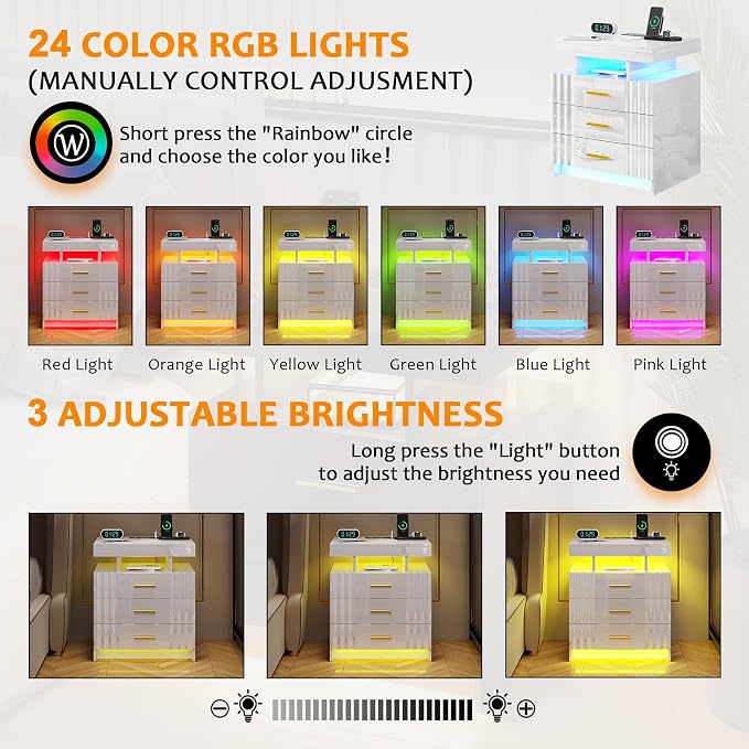 HNEBC LED Nightstand,White Night Stand with Charging Station-USB+Type-C+Wireless Charging,Smart Bedside Table has Auto Sensor, High Gloss Bedside with 3 Drawers for Bedroom - Image 5