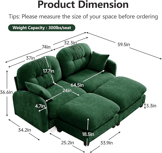KEIKI 74" Oversized Chenille Modular Sectional Loveseat Sofa with 2 Ottoman, High-Density Foam Cushions, Tufted Pleated Cushion Backrest, Modern 2-Seater Couch with 2 Pillow, for Living Room, Green