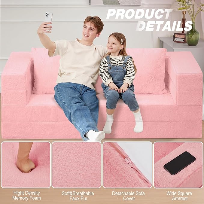 Futon Sofa Bed with Pillow, 3-in-1 Sleeper Sofa Bed with Removable Cover, Convertible Floor Sofa Bed, No Assembly Boneless Couch for Living Room, Bedroom