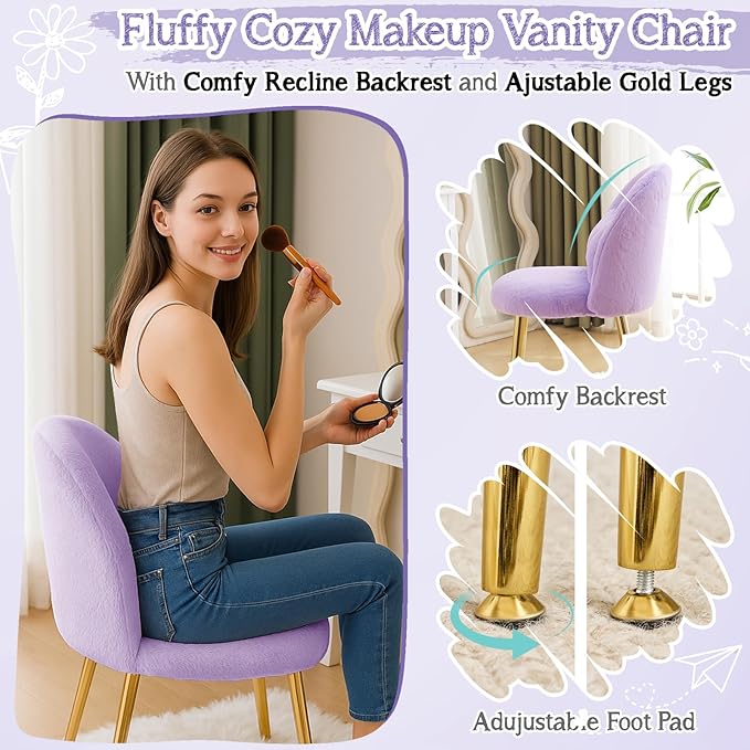 VINGLI Fluffy Girls Vanity Chair with Back & Pillow,Cute Small Cozy Desk Chair No Wheels,Comfy Makeup Ch with Ajustable Gold Legs,for Bedroom,Living Room,Small Space,Purple