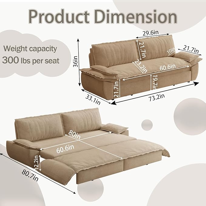 73.2" Queen Size Pull Out Sofa Bed, 3-in-1 Convertible Sleeper, Corduroy Loveseat for Living Room, Apartment, Bedroom Small Spaces, Camel (Mattress & Bedding Not Included)