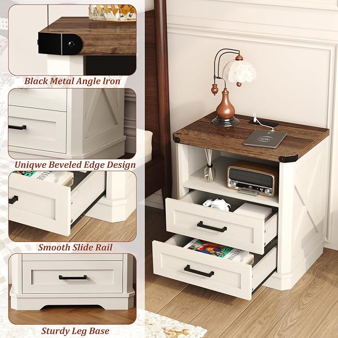 Yusong 23.62” Tall Farmhouse Nightstand, Rustic Wooden Night Stand with Charging Station, Beside Table with Drawers and Open Storage, End Tables for Bedroom, White - Image 7