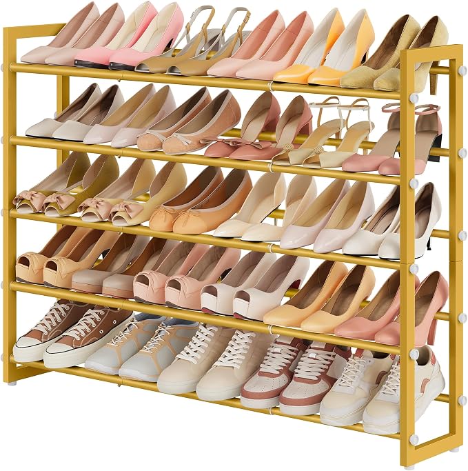 FAVOOSTY 3-Tier Expandable Shoe Rack, Adjustable Shoe Shelf Storage Organizer Space Saving Metal Free Standing Shoe Rack for Entryway Closet Doorway, Silver Grey (Gold, 5 Tier) - Image 9