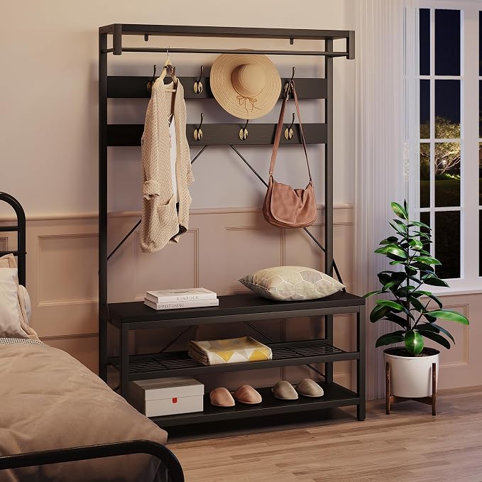 IDEALHOUSE Coat Rack Shoe Bench Industrial Hall Tree Storage Bench for Entryway Wood Look Accent Large Shoe Rack with Storage Shelf Hanging Bar,8 Hooks Grey 39.9"x15.7"x72" - Image 3