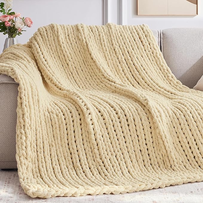 Negwoo Chunky Knit Throw Blanket, 80''*90'' Knitted Throw Chenille Yarn for Bed Couch, Handmade Oatmeal Crochet Big Thick Blanket, Machine Washable Cute Comfy Blanket for Home Decor