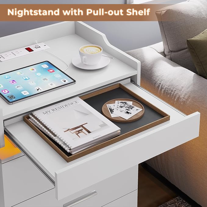 HAUOMS LED Nightstand with Charging Station,Night Stand with Pull-Out Shelf,Bedside Table with Drawers,Modern End Table Side Table Storage Cabniet,White - Image 3