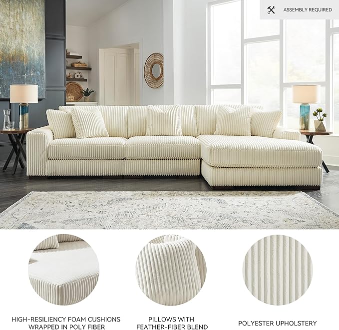 Signature Design by Ashley Lindyn Coastal Right-Arm Facing 3-Piece Sectional with Chaise, Reversible Cushions and 5 Throw Pillows, White