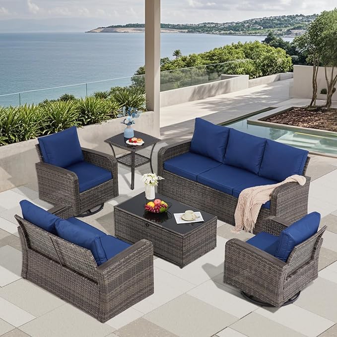 6 Pieces Patio Furniture Sets with Swivel Chairs, Patio Outdoor Furniture Set for Porch Deck Bistro Lawn Garden Backyard Poolsid- Grey Rattan/Blue