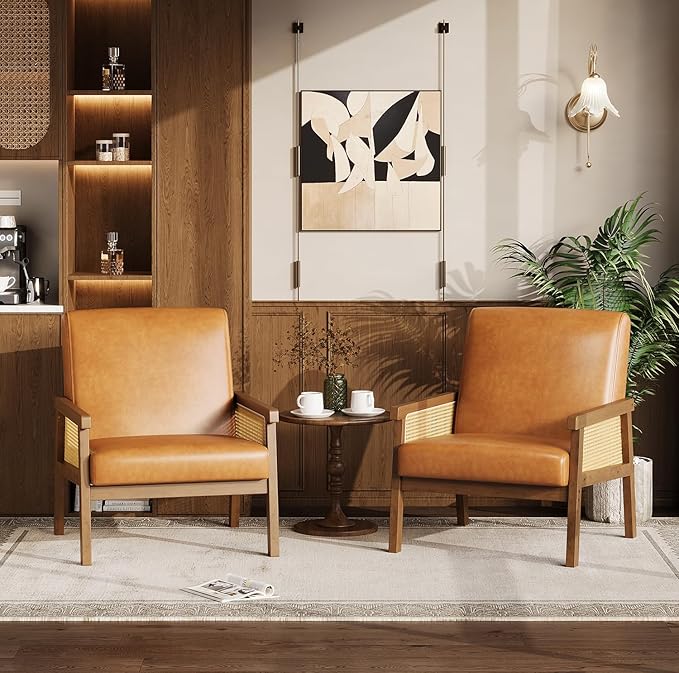 IDEALHOUSE Rattan Accent Chair, PU Leather Armchair, Upholstered Reading Chair with Wooden Frame and High Back, Leisure Chairs for Living Room Bedroom Waiting Room Reception, Brown