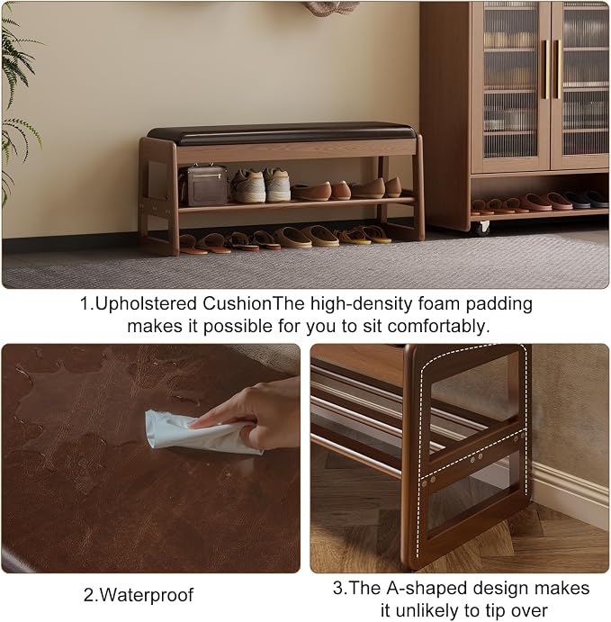 AQIMUELE Shoe Rack Bench,2 Tiers Shoe Bench with Storage with Flip-Top,Wood Shoe Rack for Entryway,Hallway（Dark Walnut Upholstered Seat,11.8" D x 23.62" W x 15.7" H） - Image 6