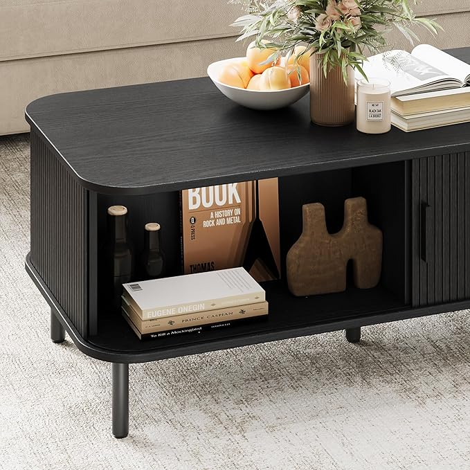 Coffee Table with Storage, 47.2" Mid Century Modern Coffee Tables for Living Room, Rectangle Wood Center Table with Sliding Tambour Door & Adjustable Leg for Living Room, Black