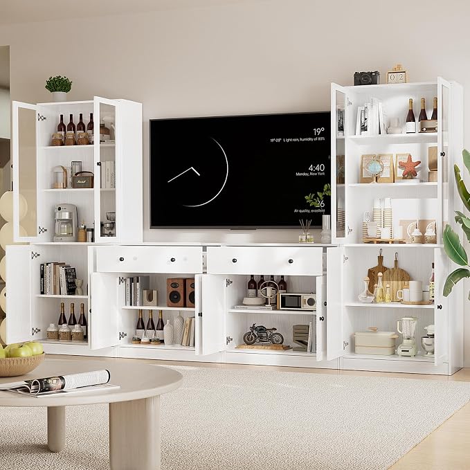 TUSY 71" TV Stand Storage Set - 2 Tall Bookcases & 2 Side Cabinets, Media Console with Glass & Wood Doors, Entertainment Center with Drawers, Tall Media Console for Living Room (White, AEEA) - Image 4