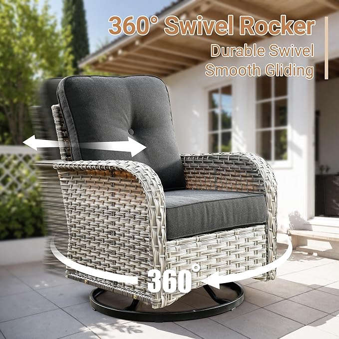 HOOOWOOO Outdoor Patio Furniture Set with Light Table,8 Pieces Wicker Conversation Set,All Weather High Back Couch Sofa Swivel Chairs Set,Black
