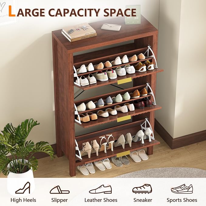 YOMILUVE Shoe Cabinet Storage for Entryway, Fluted Shoe Cabinet with 3 Flip Drawers, Hidden Shoe Rack Tall Freestanding Shoe Organizer with Legs for Hallway, Walnut - Image 8