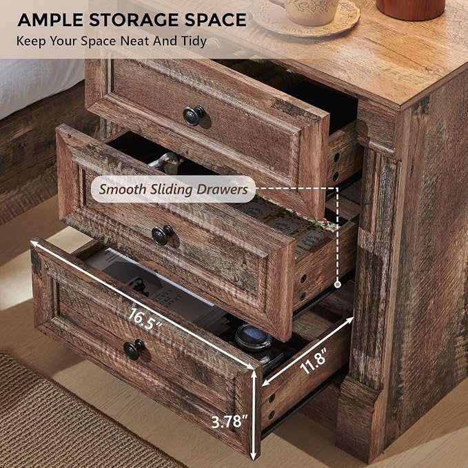 Aitjunz 26" Tall Farmhouse Nightstand Set of 2, 3 Drawers End Table w/Charging Station, 23.6" Wide Large Side Table w/Roman Column, Wood Rustic Sofa Table for Bedroom, Light Brown - Image 6