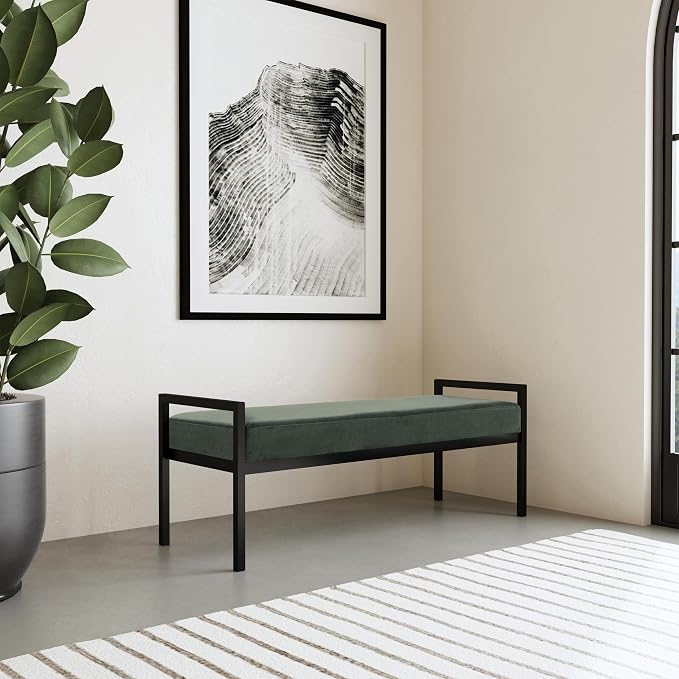 HomePop Modern Velvet Metal Bench| Modern Bench with Metal Leg | Bench for Living Room & Bedroom | Decorative Home Furniture - Loden Green Velvet - Image 2