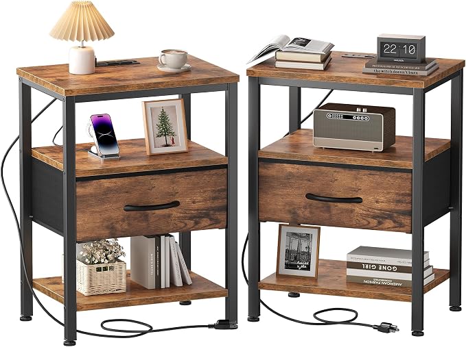 OLIXIS Nightstands Set of 2 with Charging Station, Bedside Tables with USB Ports and Fabric Drawer, Small Night Stand with Open Adjustable Shelf, Compact End Table for Bedroom, Rustic Brown by OLIXIS