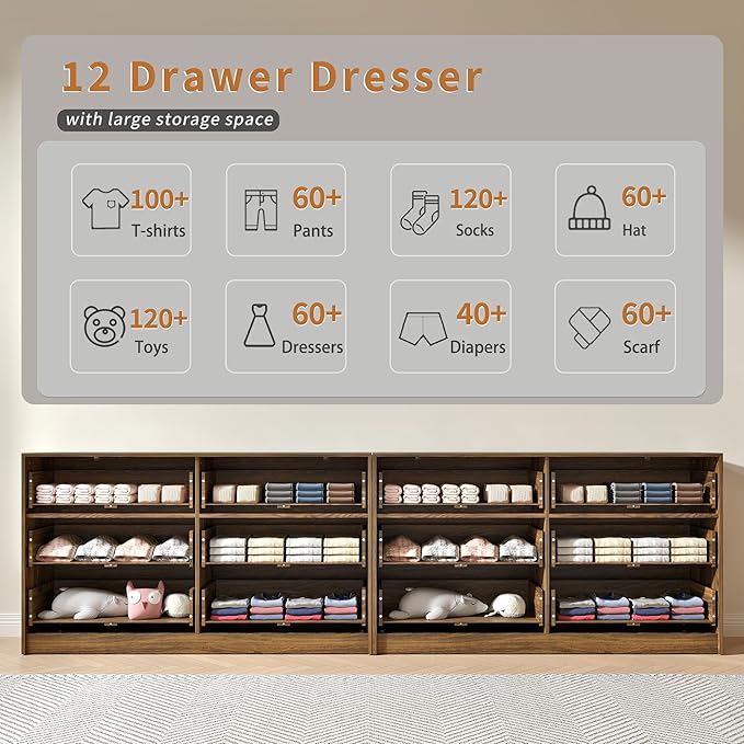 Walnut Dresser Set of 2, Long Dresser for Bedroom Wooden with 12 Drawers, Fluted Modern Bedroom Furniture Set, TV Stand Dressers & Chests of Drawers for Closet (15.7"D x 110.2"W x 31.8"H)